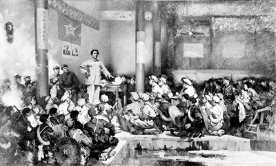 1929年12月底，中國共產(chǎn)黨紅軍第4軍第九次代表大會(huì)在福建省上杭縣古田召開。古田會(huì)議在黨的歷史上以自我革命的方式糾正了黨和紅軍自身存在的問題，使正確的建黨建軍原則逐步得以實(shí)行，顯示了我們黨極強(qiáng)的自我糾錯(cuò)和自我修復(fù)能力。圖為油畫《古田會(huì)議》。