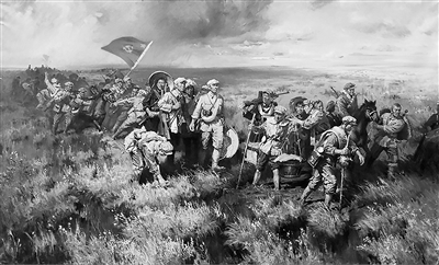 油畫《紅軍過草地》。長征中，紅軍高舉旗幟，在惡劣的環(huán)境中英勇前進。  （張文源繪 中國人民革命軍事博物館藏）