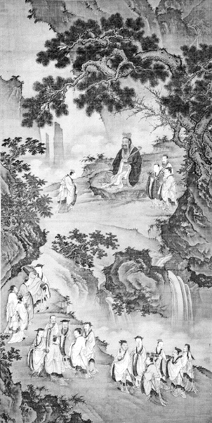 孔子講學(xué)圖軸，繪孔子于山林瀑布之間講學(xué)的情景，現(xiàn)藏于孔子博物館?？鬃邮殖秩缫?，懷攬憑幾，端坐在松杏之下的平石上。其前一弟子躬身請(qǐng)教，其左則有侍立弟子三人。另外的十六名弟子沿山道而上，彼此顧盼，交談自若。（資料圖片）